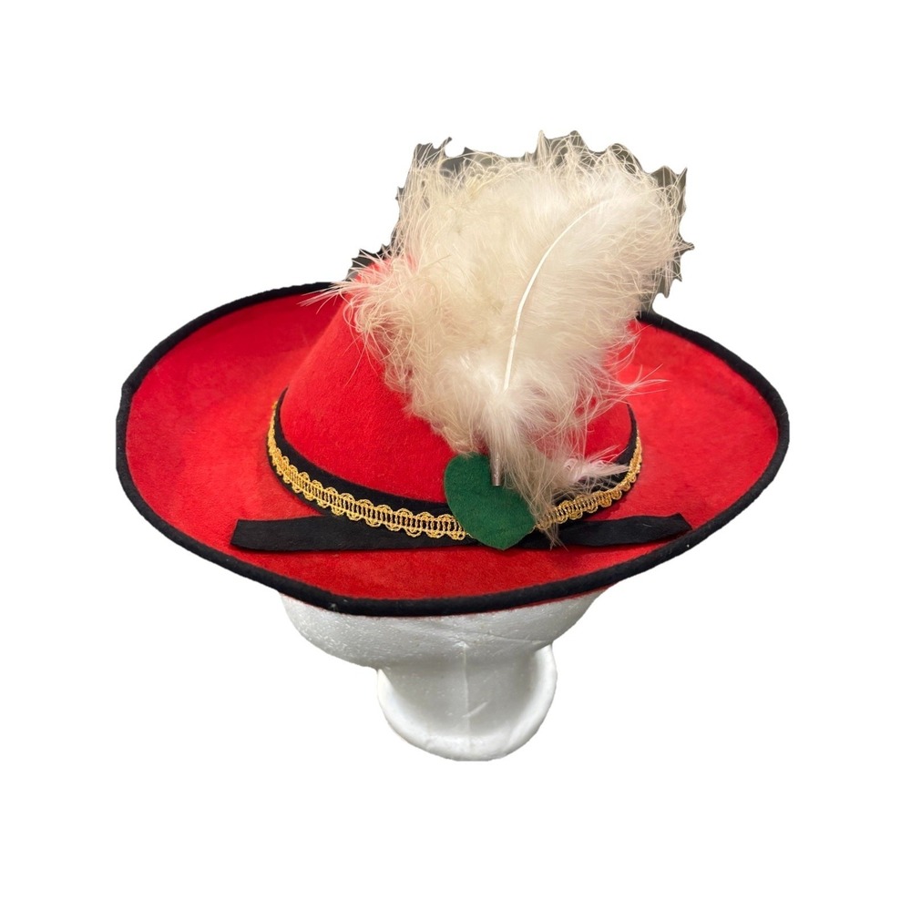 Red Hat With Feathers, vintage Gold And Black Details & Green Leaf